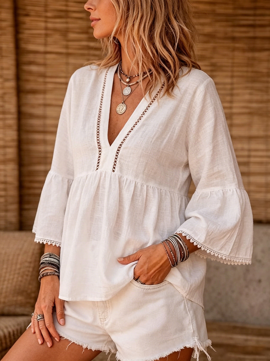 Women's Simple V-neck Cotton And Linen Top