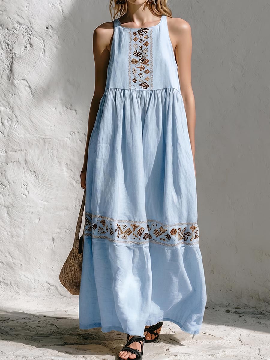 Women's Casual Loose Cotton-linen Dress — Crew Neck Sleeveless With Placement Print