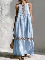 Women's Casual Loose Cotton-linen Dress — Crew Neck Sleeveless With Placement Print