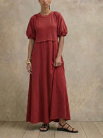 Relax Fit Bubble Short Sleeve Midi Maxi Dress, Solid Color Raglan Sleeve A-line Swing Casual Summer Dress