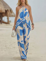 Comfortable And Stylish Two-piece Set Featuring An Art-print Halter Top And Trousers.