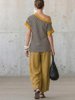 Fashionable Casual Two-piece Set: Striped Linen & Cotton Patchwork One-shoulder Top And Solid-color Trousers