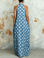 Stylish & Casual Polka-dot Sleeveless Denim Maxi Dress