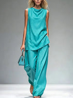 Women's Solid-color Cowl-neck Sleeveless Loose-fit Top & High-waisted Wide-leg Pants Set