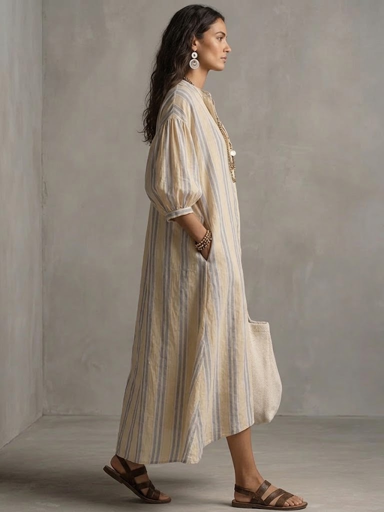 Women's Bohemian Loose-fit Striped Cotton-linen Dress