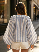 Loose-fitting V-neck Stripe Cotton Shirt