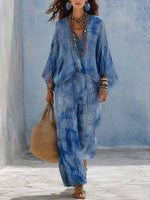 Women's Geometric Print V-neck Long-sleeve Loose Casual Top & High-waisted Wide-leg Pants Set