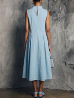 Women's Solid-color V-neck Sleeveless Casual Loose A-line Cotton-linen Dress