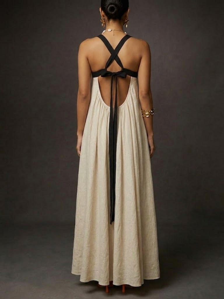 Women's Color-block Design Cotton Linen Maxi Dress