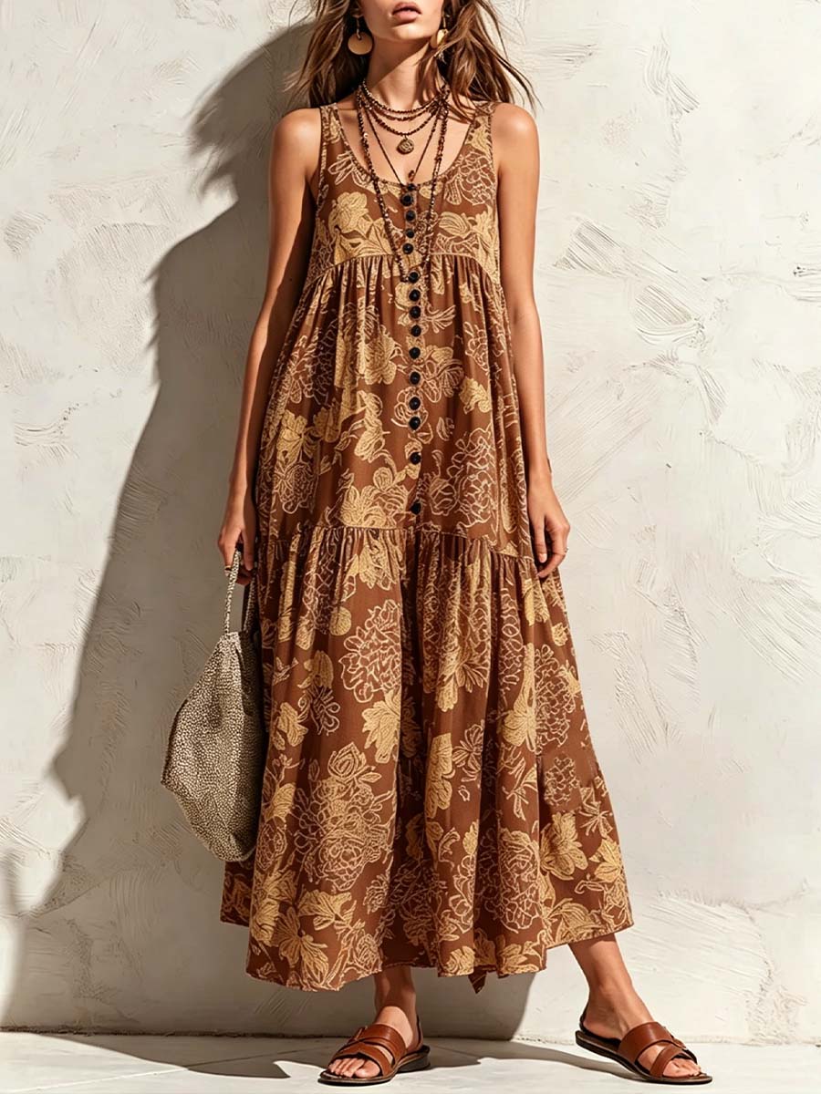 Women's Vintage Print Crew Neck Sleeveless Casual Loose Cotton-linen Dress