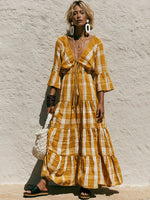 Casual Linen And Cotton V-neck Plaid Dress