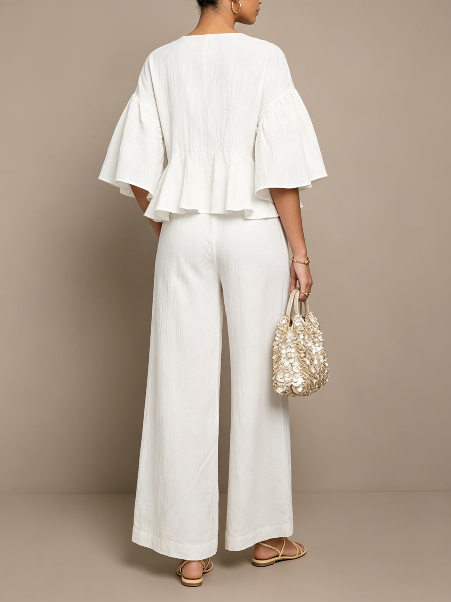 Women's White Pleated Cotton-linen Ruffle Sleeve Two-piece Set