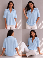 Casual Cozy Waffle-knit Polo Top