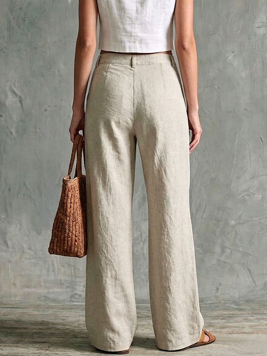 Women's Solid-color High-waisted Loose-fit Cotton-linen Wide-leg Pants