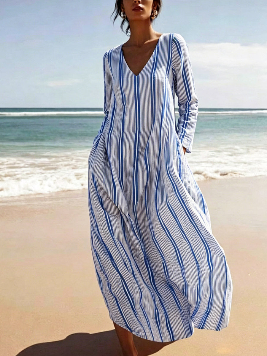 Women's Striped Elegant Art Casual Long Sleeve Cotton Linen Dress