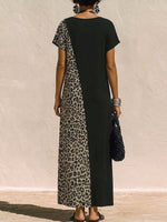 Women's Leopard Print Cotton-linen Casual Loose-fit Dress With Round Neck And Short Sleeves