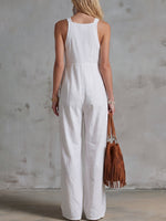 Women's Solid-color V-neck Sleeveless Casual Loose Cotton-linen Wide-leg Jumpsuit