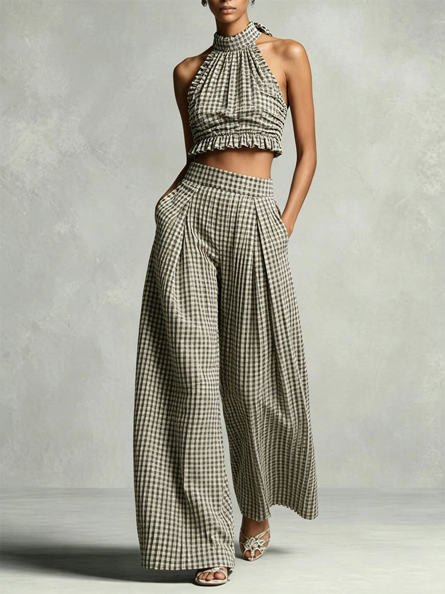 Women's Vintage Plaid Cotton-linen Halter Neck Sleeveless Top And Pants Set