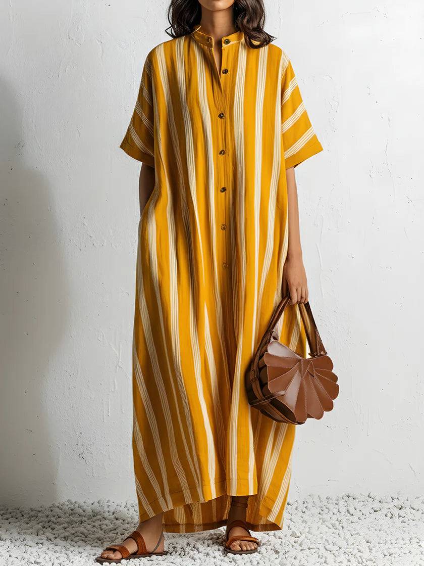 Loose-fit Casual Striped Linen-cotton Shirt Dress