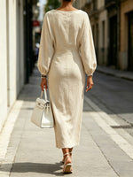 Women's Cowl Neck Art Casual Long Sleeve Cotton Linen Dress