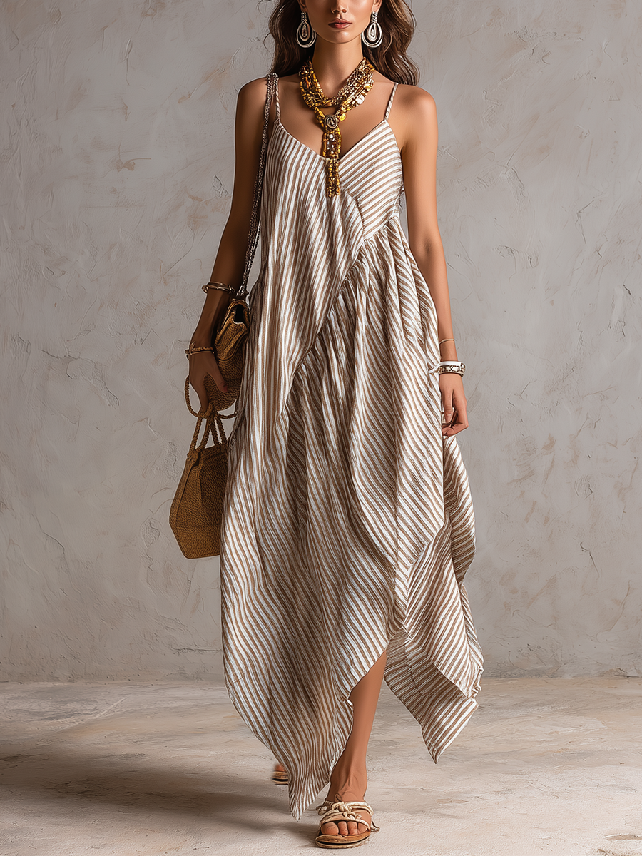 Striped Asymmetrical Bohemian Maxi Dress