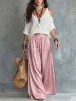 White Cold Shoulder V Neck Knit Top & Vintage Leopard Print Elastic Wide Leg Pants Set