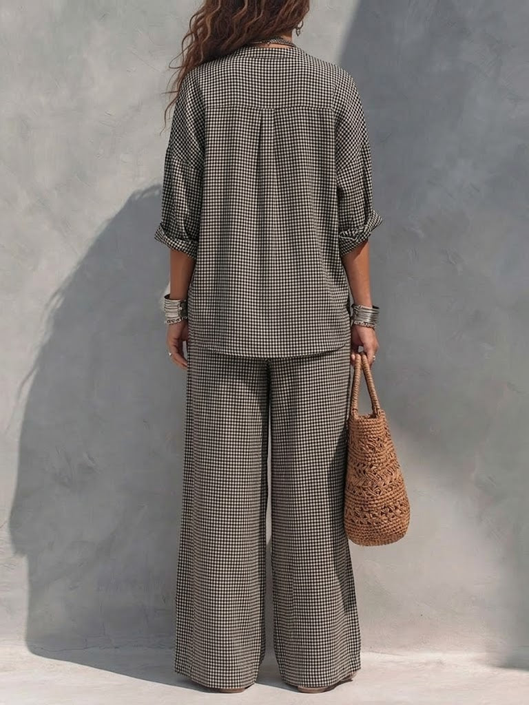 Loose-fit Casual Linen And Cotton Plaid Shirt And Trousers Two-piece Set