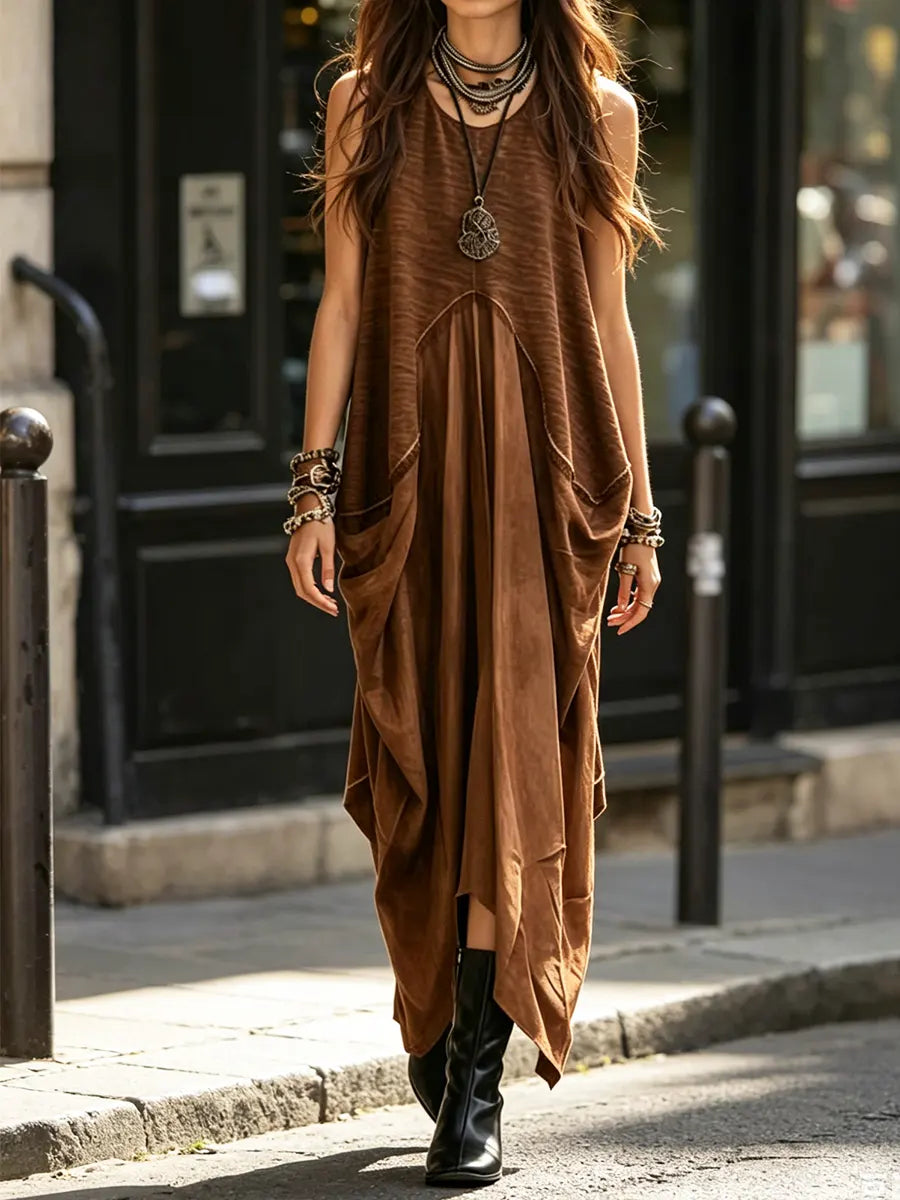 O-neck Patchwork Solid Long Dress