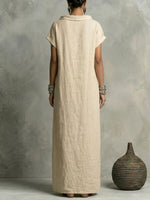 Women's Cotton-linen Short-sleeve Boat Neck And Fold-over Collar Dress