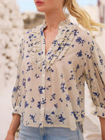 Women's Floral Ruffled Art Casual Stylish Cotton Linen Shirt