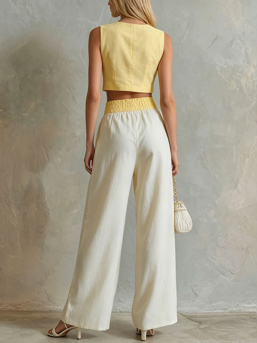 Women's Retro Yellow Sleeveless Vest And Off-white Wide-leg Trousers Set