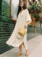 Women Deep V Neck Batwing Sleeve Open Crochet Mesh Kaftan Dress, Side Split Loose Oversized Beach Cover Up Maxi Dress