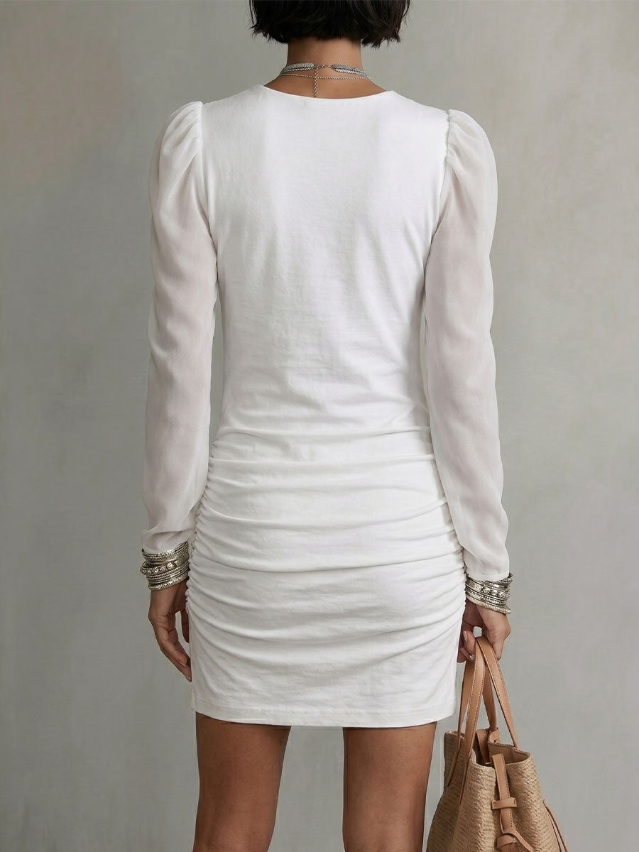 Women's V-neck Chiffon Long-sleeve Ruched Dress