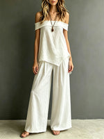 Women's Vintage Cotton-linen Off-shoulder Sleeveless Top And Trousers Set