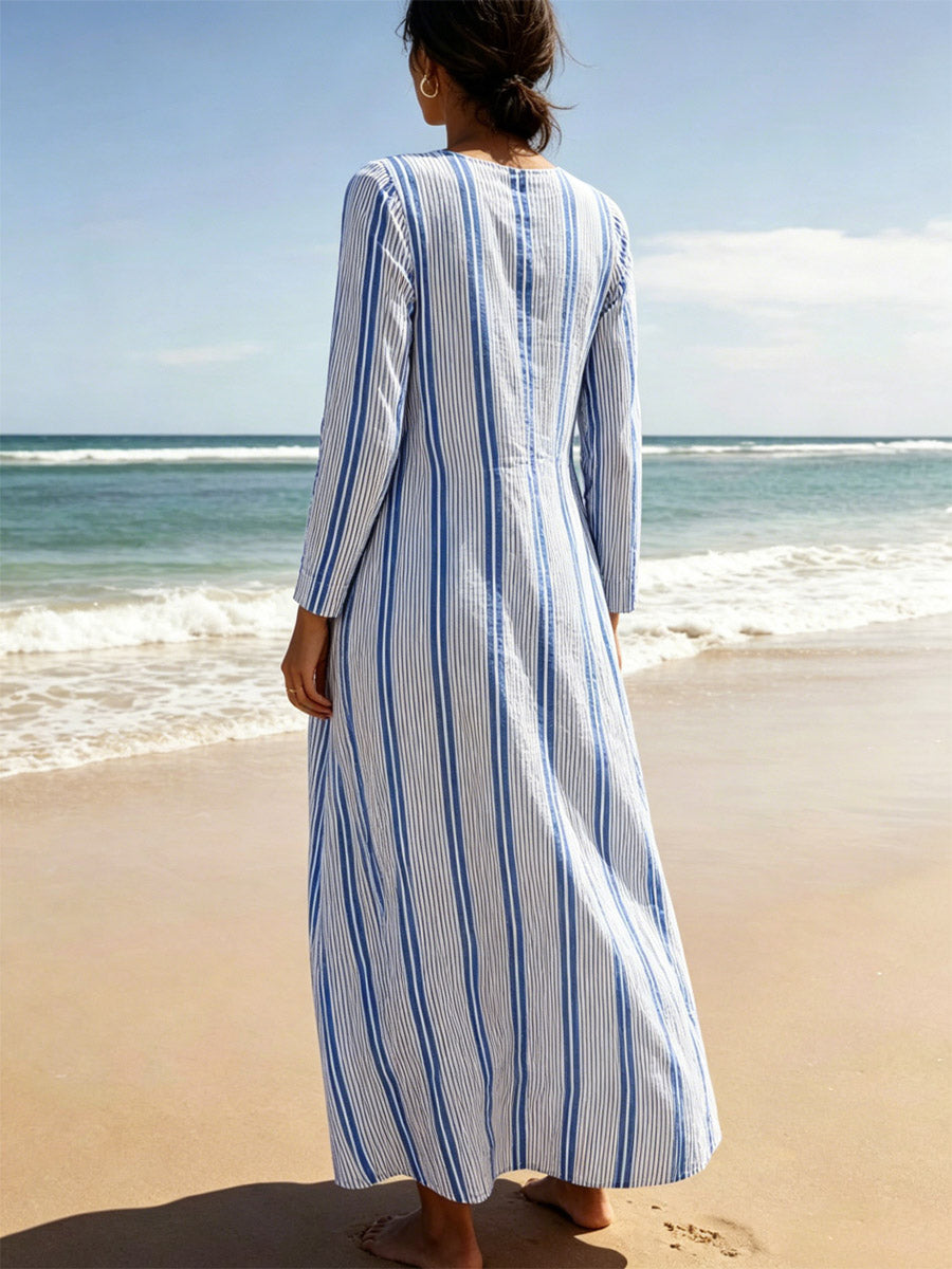 Women's Striped Elegant Art Casual Long Sleeve Cotton Linen Dress