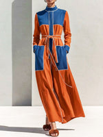 Women's Color Block Elegant Art Casual Long Sleeve Cotton Linen Dress