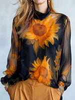 Women's Sunflower Print Stand-collar Long-sleeve Casual Loose Chiffon Two-piece Top