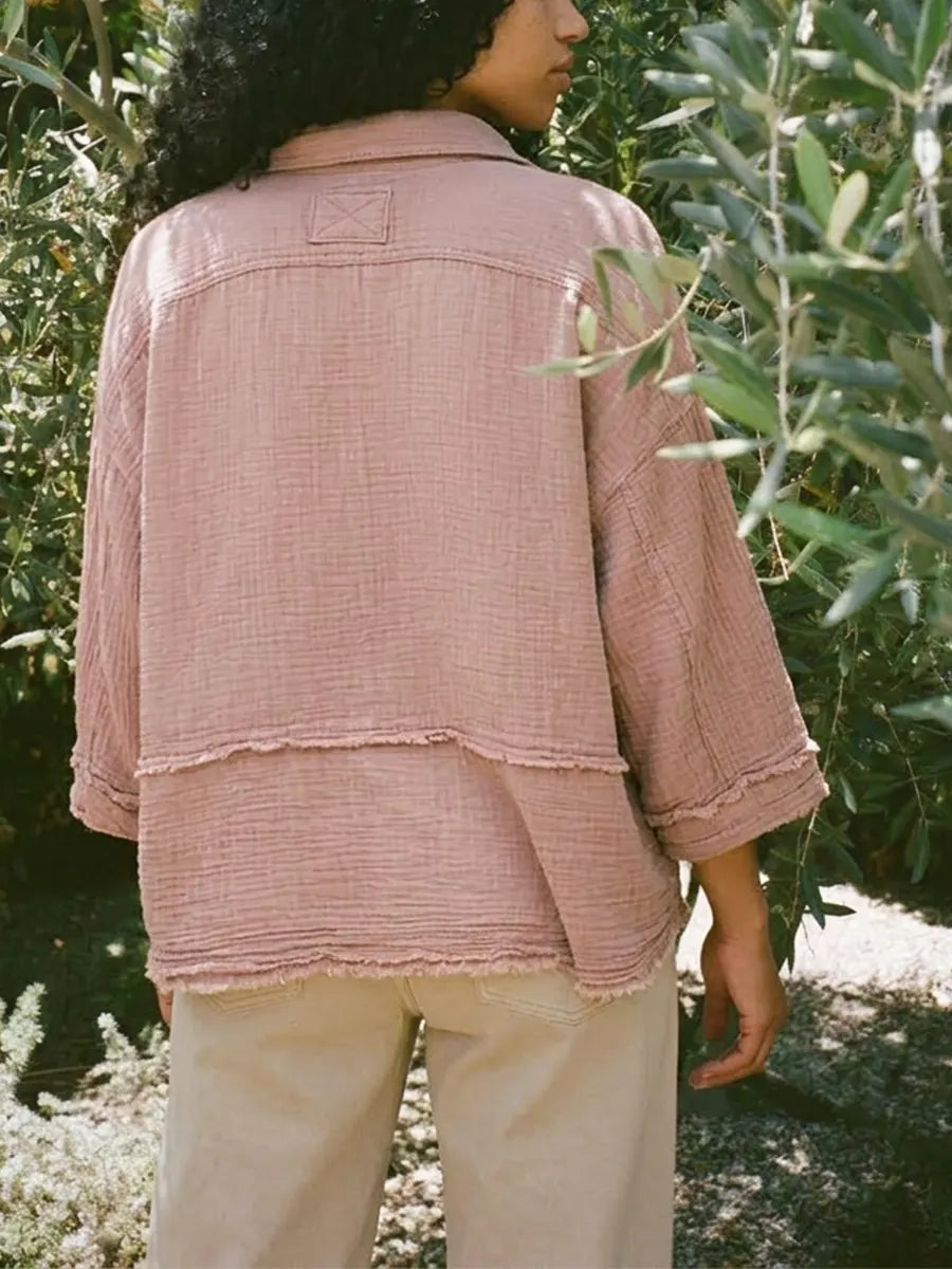 Dusty Pink Raw Edge 3/4 Sleeve Cropped Button Down Casual Shirt