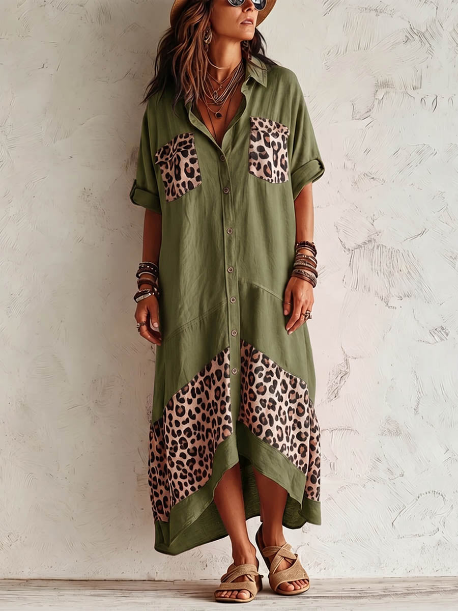 Women's Casual Loose Cotton-linen Dress With Lapel 3/4 Sleeves And Leopard Print Splicing