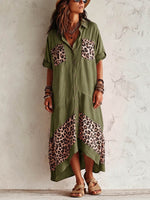 Women's Casual Loose Cotton-linen Dress With Lapel 3/4 Sleeves And Leopard Print Splicing