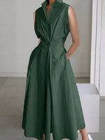 Women's Minimalist Solid-color V-neck Button-front Flared Dress