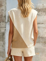 Women's Retro Color-blockSleeveless Round Neck Cotton And Linen T-shirt And Shorts Set