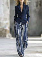 Women's Art Comfortable Casual Long Sleeve Top And Striped Pants Cotton Linen Two-piece Set