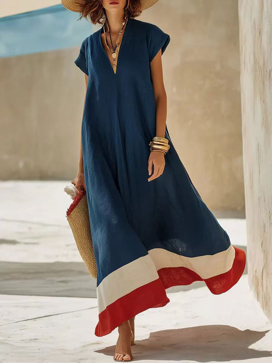 Women's Color-block Cotton-linen Dress — Casual Resort Style