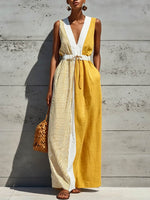 Women's Casual Loose Cotton-linen Dress — V-neck Sleeveless With Placement Print
