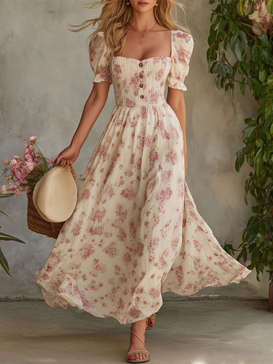 Women's Retro-elegant Pink Floral & Off-white Short-sleeve Square-neck Chiffon Maxi Dress
