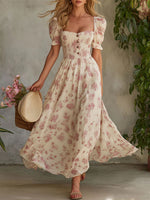 Women's Retro-elegant Pink Floral & Off-white Short-sleeve Square-neck Chiffon Maxi Dress