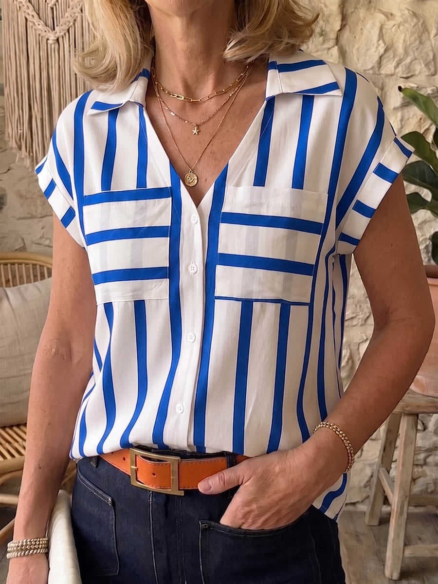 Women's Striped V-neck Short-sleeve Casual Loose Cotton-linen Shirt