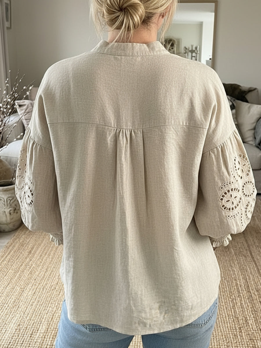 Women's Hollow-out Sleeve Cotton And Linen Top