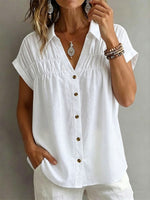 Women's Pleats Loose-fit V-neck Single-breasted Short-sleeve Shirt